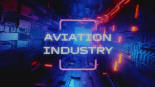 Aviation Industry Inscription Electronic Schemes Background Neon Colors Graphic Presentation — Stock Video