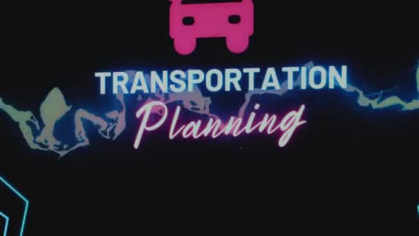 Транспорт Планування Напису Чорному Тлі Неоновими Кольоровими Блискавками Символом Автомобіля — стокове відео