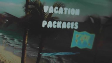 Plajın arka planında palmiyeli tatil paketleri. Haritanın çizimi. Seyahat kavramı.