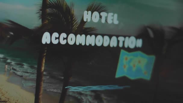 Hotelunterkünfte Inschrift Auf Dem Hintergrund Des Strandes Mit Palmen Reisekonzept — Stockvideo