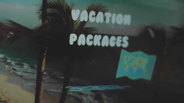 Πακέτα Διακοπών Επιγραφή Στο Φόντο Της Παραλίας Φοίνικες Εικονογράφηση Του — Αρχείο Βίντεο