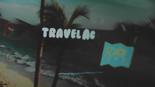 Надпись Туристических Агентств Фоне Пляжа Пальмами Иллюстрация Карты Концепция Путешествия — стоковое видео