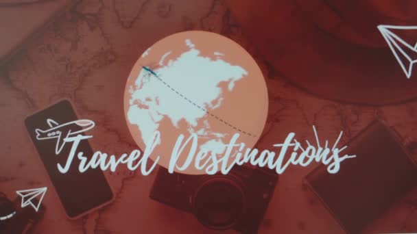 Dönen Dünya Küresi Nin Arka Planında Seyahat Belgeleri Yazılıydı Seyahat — Stok video