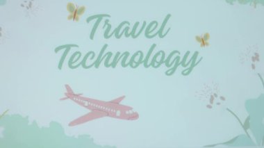 Seyahat Teknolojisi yazıtları, uçan uçakla resimli arka planda. Seyahat kavramı.