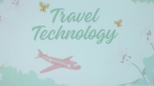 Travel Technology Επιγραφή Εικονογραφημένο Φόντο Ιπτάμενα Αεροσκάφη Ταξιδιωτική Έννοια — Αρχείο Βίντεο