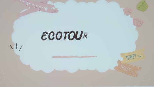 Ecotoerisme Inscriptie Lichtroze Achtergrond Grafische Presentatie Met Vliegend Vliegtuig Reistickets — Stockvideo