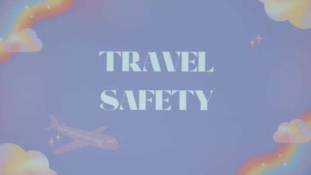Reisesicherheitsinschrift Auf Fliederfarbenem Hintergrund Grafische Präsentation Mit Regenbogen Wolken Und — Stockvideo