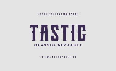 Klasik alfabe yazı tipleri. Rock, müzik, oyun, gelecek ve yaratıcı için Slap serif retro tipografisi. Vektör illüstrasyonu