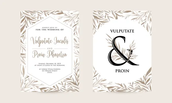 Zarif düğün davetiyesi, klasik kahverengi yapraklı tasarım. Vektör illüstrasyonu.