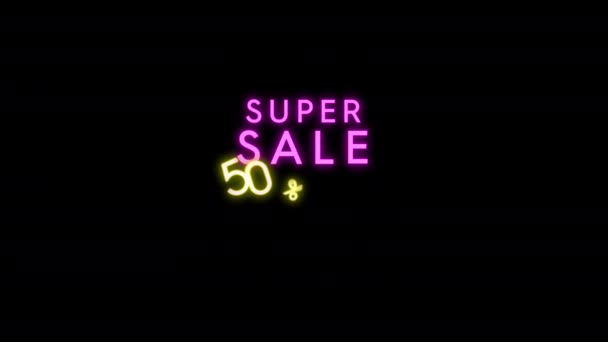 超级销售折扣50 的动画镜头 关于霓虹灯式促销产品的运动图形资产 高分辨率4K视频 — 图库视频影像