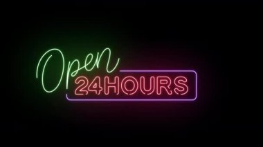 Dinamik '24 Saat Aç' Hareketi Grafiği: Kusursuz neon ışığı döngüsü. Işıldayan ışıklar şık bir şekilde aydınlatır. 24 saat çalışan işletmeler için idealdir. Yüksek çözünürlüklü 4K Kalite.