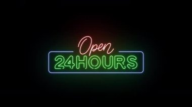 Dinamik '24 Saat Aç' Hareketi Grafiği: Kusursuz neon ışığı döngüsü. Işıldayan ışıklar şık bir şekilde aydınlatır. 24 saat çalışan işletmeler için idealdir. Yüksek çözünürlüklü 4K Kalite.
