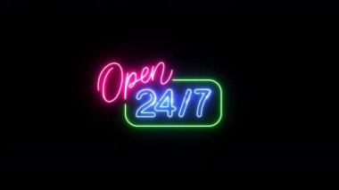 Dinamik '24 Saat Aç' Hareketi Grafiği: Kusursuz neon ışığı döngüsü. Işıldayan ışıklar şık bir şekilde aydınlatır. 24 saat çalışan işletmeler için idealdir. Yüksek çözünürlüklü 4K Kalite.