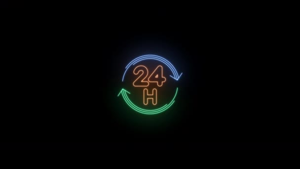 24小时运动图形 一个动画霓虹灯符号的无缝循环 从充满活力的光芒过渡到柔和的光芒 适合在休息时间营业的企业 高解像度 — 图库视频影像