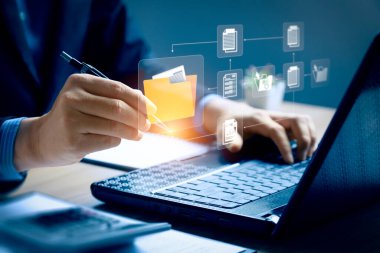 Belge Yönetim Sistemi kavramı. Girişim içerik yönetimi, Dijital varlık yönetimi, Belge görüntüleme, Çalışma akışı, Kayıt yönetimi, verimli arşivleme için Çevrimiçi belge veri yazılımı.