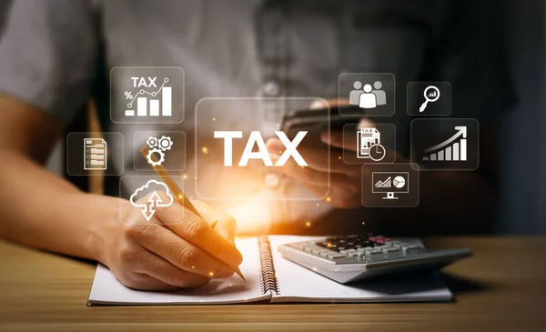 税金控除計画と税金をオンライン概念を支払う 付加価値税 所得税 資産税 純利益 寄付金の配分計画 — ストック写真