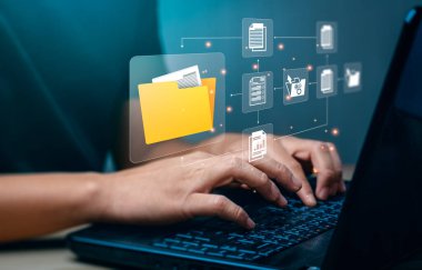 Belge Yönetim Sistemi kavramı. Girişim içerik yönetimi, Dijital varlık yönetimi, Belge görüntüleme, Çalışma akışı, Kayıt yönetimi, verimli arşivleme için Çevrimiçi belge veri yazılımı.