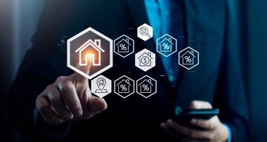 real estate investment concept, buy house, location, energy efficiency rating and property value, Real estate online on virtual screens. new home for the family, home search, land price, property tax