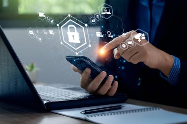 cyber security privacy and data storage protection Document Management with Password and Encryption Encrypted files on computer or server Finger touching lock icon on electronic circuit