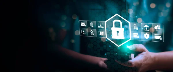 cybersecurity concept Global network security technology, Businessman protects personal information Encryption with a padlock icon on the virtual interface. data storage protection