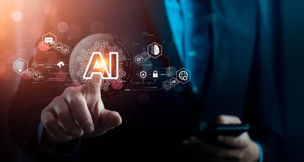 Yapay Zeka (AI) Otomasyon, Tahminsel Analiz, Müşteri Hizmetleri Al-güçlü Chatbot 'un beynine dokunan işadamı, müşteri verilerini, iş verilerini ve teknolojilerini analiz ediyor