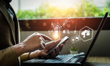 cyber security privacy and data storage protection Document Management with Password and Encryption Encrypted files on computer or server Finger touching lock icon on electronic circuit