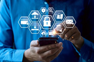 cyber security privacy and data storage protection Document Management with Password and Encryption Encrypted files on computer or server Finger touching lock icon on electronic circuit