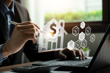 real estate investment concept, buy house, location, energy efficiency rating and property value, Real estate online on virtual screens. home search, land price, property tax, real estate market