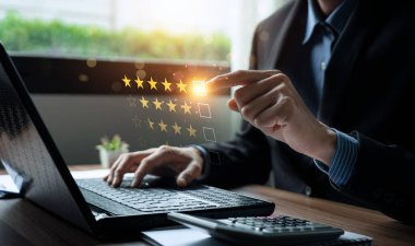 Customer review satisfaction feedback survey concept. Business people rate service experience and product quality or staff friendliness and overall value for the price. information, amend,  improve