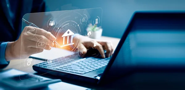 Businessman using online banking and payments, digital marketing. Financial and banking networking. Customer network connection and online shopping icons cyber security, business technology