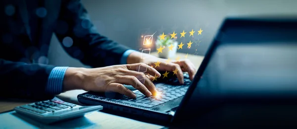 Customer review satisfaction feedback survey concept. Business people rate service experience and product quality or staff friendliness and overall value for the price. information, amend,  improve