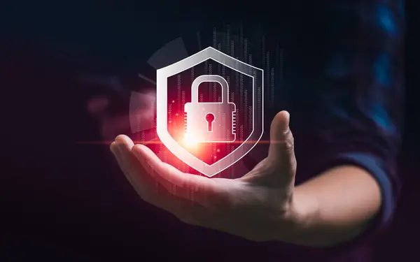cybersecurity concept Businessmen protecting personal data on laptops and virtual interfaces. Lock icon and internet network security technology. screen padlock and encryption