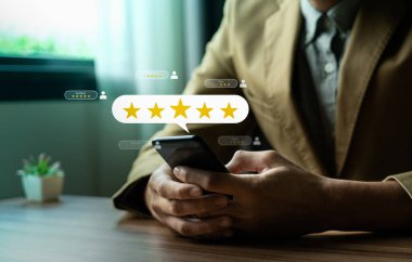 Customer review satisfaction feedback survey concept. Business people rate service experience and product quality or staff friendliness and overall value for the price. information, amend, improve