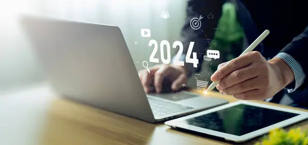 Digital Marketing Trends 2024, analytical businessman planning business growth 2024, strategy digital marketing, profit income, economy, stock market trends and business, technical analysis strategy