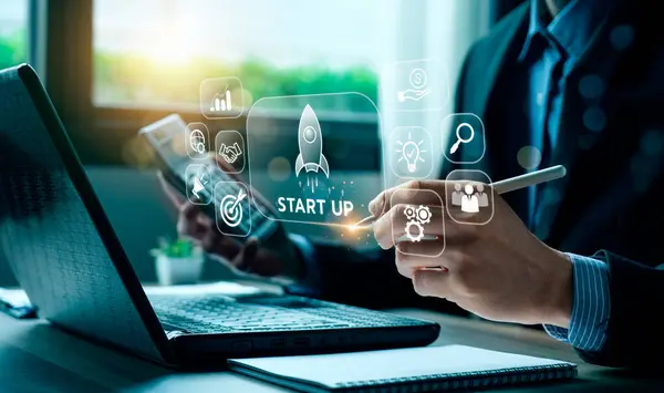 Global tech startup innovates to connect customers worldwide. Emphasizes creativity, resource management for sustainability. Clear leadership, digital marketing. Startup business concept