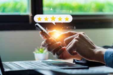 Customer review satisfaction feedback survey concept. Business people rate service experience and product quality or staff friendliness and overall value for the price. information, amend, improve