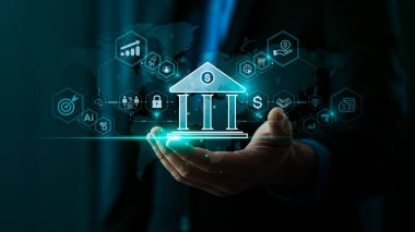  Modern Finans, Küresel Ekonomi ve Sanal Bankada Güvenli Çevrimiçi İşlemler için Yenilikçi Finansal Teknoloji ve Bankacılık Konsepti, AI, Engelleme ve Analiz