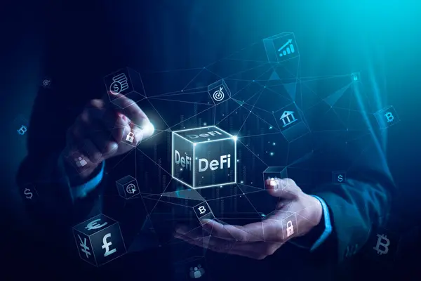 stock image Hands Interacting with Holographic Decentralized Finance or DeFi, Digital Currency and Blockchain Network, Representing Modern Financial Technology and Innovation, Digital finance