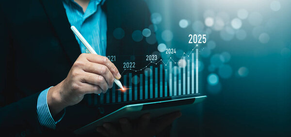 Businessman Calculating Financial Growth from 2025 with Stacked Coins and Graph, Representing Strategic Investment Planning and Future Economic Success, analytical businessperson planning business