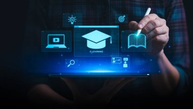 Çevrimiçi Eğitim, Uzaklık Öğrenimi ve Öğrenci Başarı ve Sanal Öğrenme Platformları için Dijital Araçları Temsilen E-Öğrenme Simgeleriyle Tablet Kullanımı, Kişisel Gelişim Konsepti