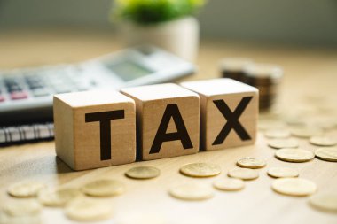 Tahta Bloklar Vergi İfadelerini Hesaplayıcı ve Sikkelerle Yazdırma, Mali Planlama, Muhasebe, Bütçe ve İş ve Bireyler için Gelir Yönetimi Temsili Vergi Konsepti