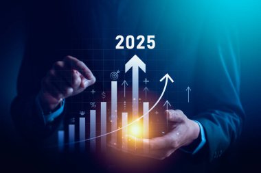 Businessman Analyzing 2025 Growth Trends with Digital Bar Graphs and Arrows Highlighting Financial Success, Strategic Planning, and Market Predictions for Future Business Growth and Profitability clipart