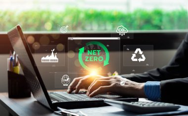 İnternet Sıfır ve Sürdürülebilirlik Simgeleri, Karbon Tarafsızlığı Kurumsal Kararlılığı, Yenilenebilir Enerji ve Çevre dostu Uygulamalarla İşletme Profesyonelliği