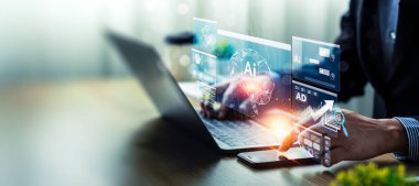 Laptop 'ta Yapay Zeka Oluşturulan Veri ve Grafikler, Dijital Büyüme ve İş Stratejisi İçin Gelişmiş Teknoloji, İş ve Gelecek Teknolojisi için Dijital Ağ