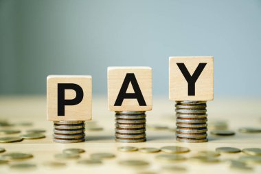 Maaş, mali işlemler, maaş yönetimi, maaş giderleri, iş giderleri, ekonomik değişim ve parasal akışı temsil eden madeni para yığınları üzerinde ödenen harflerle ahşap bloklar