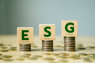 Çevre, Sosyal ve Yönetimsel Sürdürülebilir Yatırım ve Kurumsal Sorumluluk İlkelerini Temsil eden Tahta Para Yığınları Konulu ESG Konsepti