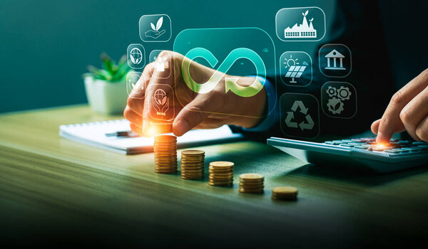 Профессиональный бизнес-расчет устойчивых инвестиций с акцентом на концепции круговой экономики, через футуристические иконки, представляющие переработку, возобновляемые источники энергии, и экологически чистые инициативы