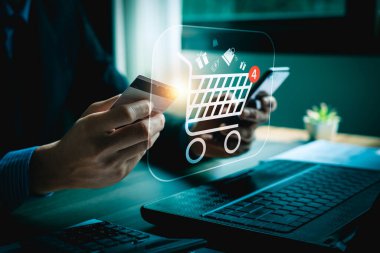 Sanal Alışveriş Aracı Simgesi ile Online Alışveriş için Profesyonel Akıllı Telefon, E-Ticaret, Dijital Aktarımlar, Mobil Perakende ve Modern Tüketici Satın Alma Eğilimleri