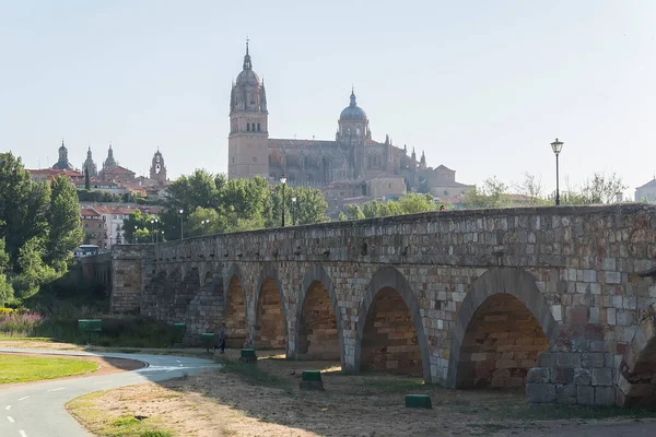 Puente Romano Sobre Río Tormes Fondo Catedral Salamanca España — Foto de Stock