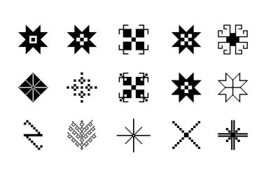 Set of geometric figures of ethnic embroidery. Seamless pattern of tribal embroidery. Ukrainian pattern. Ethnic ornament. Cross-stitch. Repeating lines. Vector illustration on a white background.